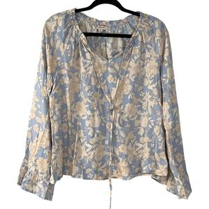 Andree Pastel Blue Cream Floral Medium Blouse Flutter Sleeve Cottagecore Granny